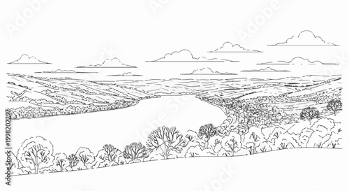 Rolling hills and a large lake are depicted in a sketch with scattered clouds above