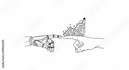 Robotic and human fingers touch, symbolizing progress and technology