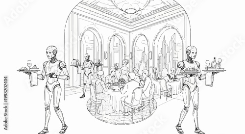 Robots serve guests in a grand dining hall, ushering in a futuristic era