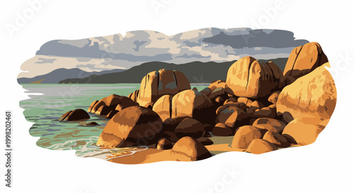 Rocky shore with calm water and distant hills under a cloudy sky