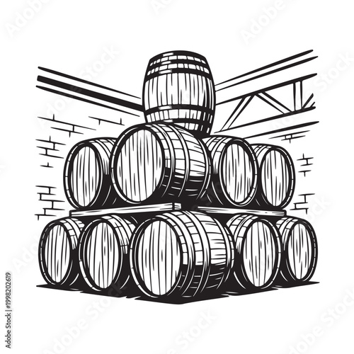 Stack of wooden wine barrels in a rustic cellar