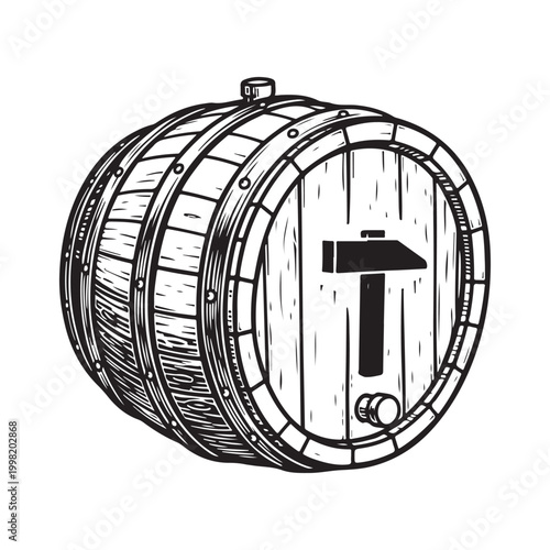Vintage wooden barrel with a black hammer symbol illustration