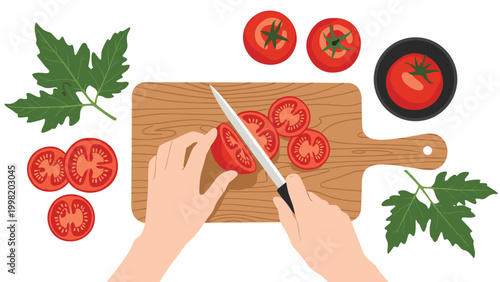 Overhead illustration of two hands using a kitchen knife to slice fresh red tomatoes on a wooden cutting board.