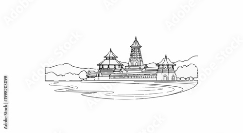 Ornate structure with multiple tiered roofs by a flowing body of water