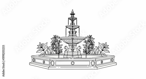 Ornate tiered water feature with decorative foliage and sculpted animals