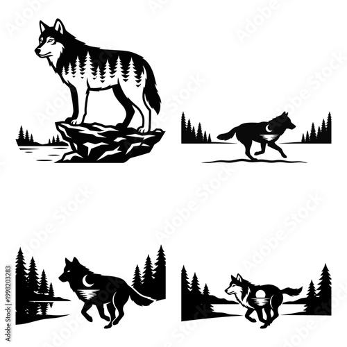 Running wolf forest silhouette set with wild nature scenes