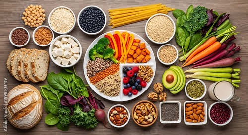Assorted healthy vegan food ingredients and fresh vegetables on a grey rustic table