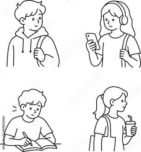 Teenager student icons set. Minimalist hand drawn outline avatar collection