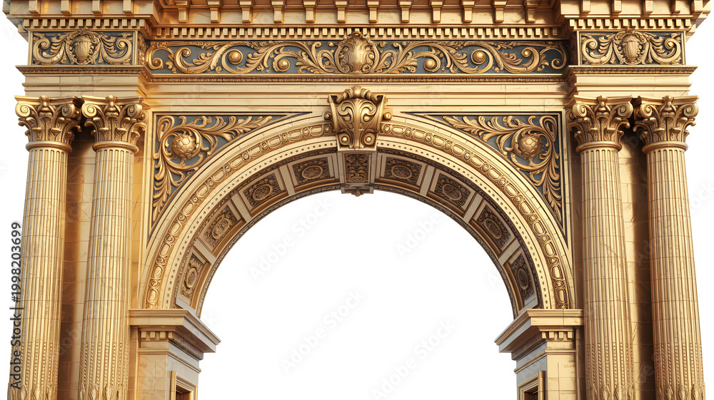 Obraz premium Ornate Golden Triumphal Arch with Intricate Baroque Carvings and Corinthian Columns Isolated on White Background. Luxurious Neoclassical Architectural Gateway for Elegant Design Projects and Portals.