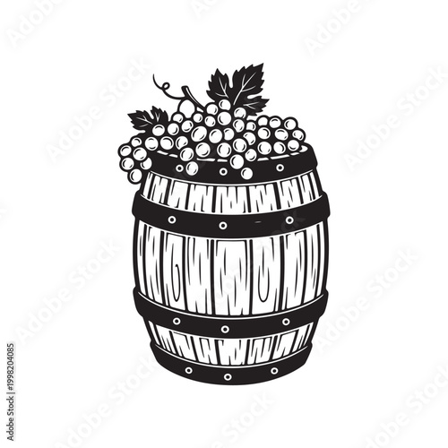 Wooden wine barrel with fresh grapes for winery design