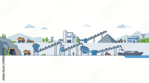 Logistics and delivery operations with trucks, conveyor belts, and a ship.