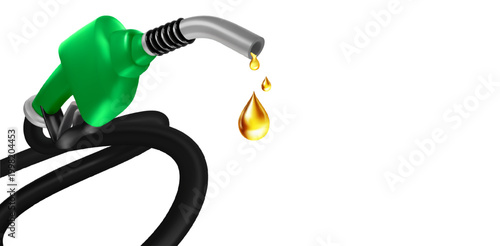 Vector 3D of a vibrant green fuel nozzle with black coiled hose Multiple golden-amber oil droplets cascade from the spout