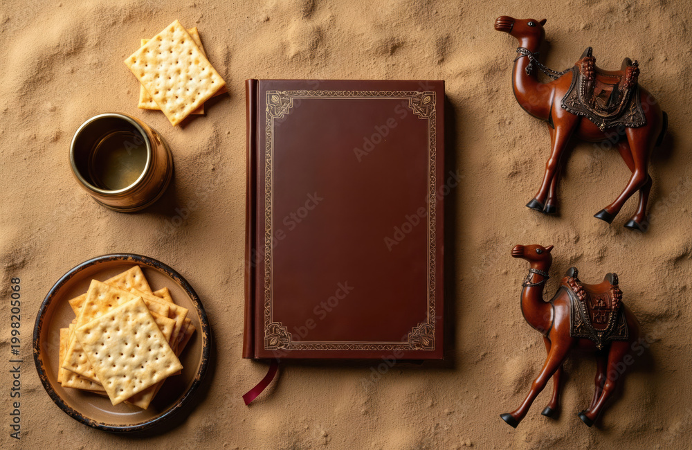 Obraz premium Passover Haggadah book with matzah and decorative camels on sandy background. Religious Jewish holiday still life with Kiddush cup for ceremonial wine.