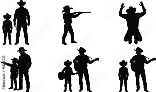 Collection of Black Cowboy Silhouettes Featuring Men and Children in Western Poses Including Playing Guitar Aiming Rifle and Surrendering Isolated on White Background