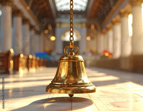 Gold bell hanging in church interior, sacred calm light