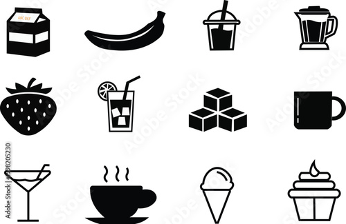 A set of black and white icons featuring various food and drink items