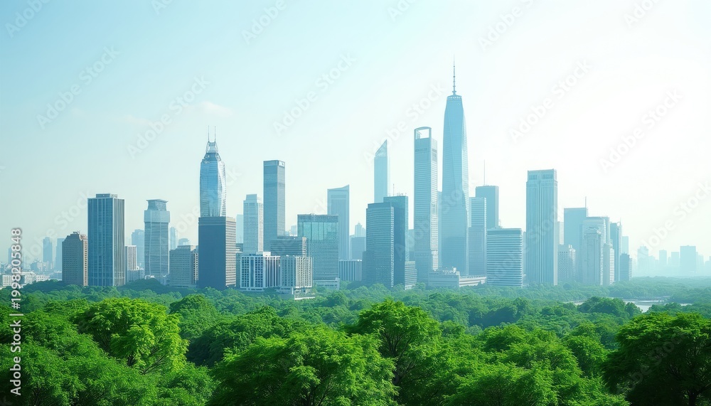 Obraz premium Green forest stretches before modern city skyline with tall skyscrapers under clear sky. Urban area blends with nature, showing eco-friendly planning, development. City towers rise above dense trees.