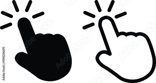 Black and white hand cursor icons with radiating lines click pointer