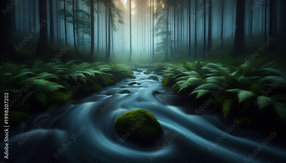 Obraz premium Long exposure nature photograph of a forest stream at twilight, captured wallpaper background