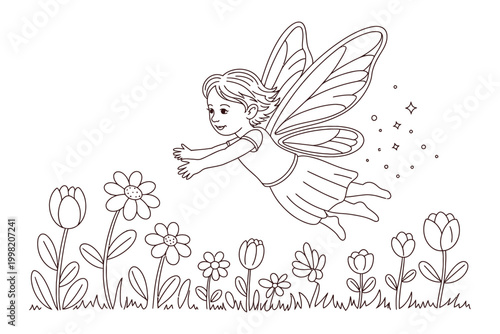 Cute fairy flying over a field of flowers coloring page for kids, black and white line art