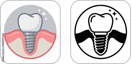 Dental Implant and Screw Tooth Restoration Icon with Gums Vector Illustration 