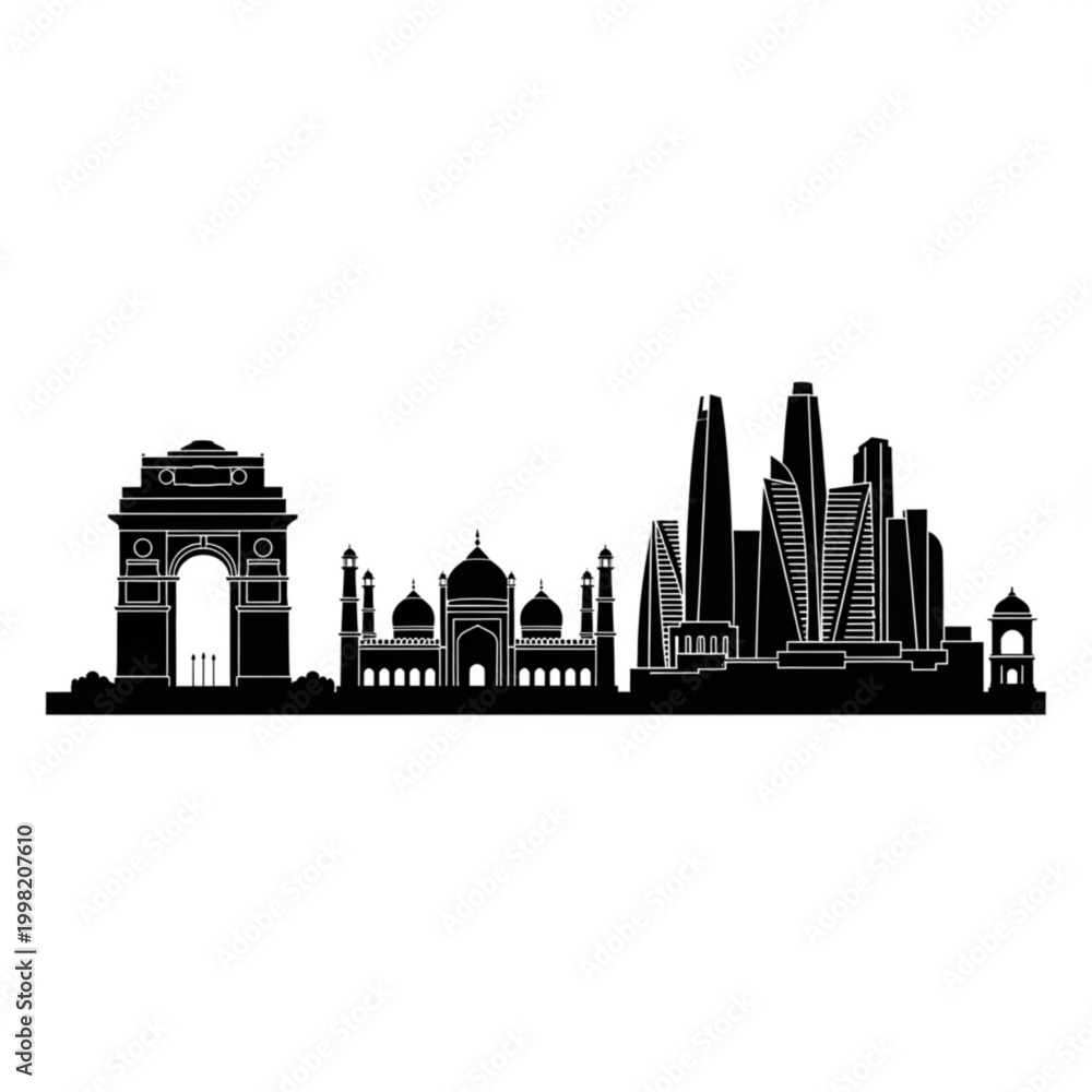 Obraz premium A black and white vector graphic illustration of the New Delhi skyline, featuring iconic landmarks like India Gate, the Taj Mahal, and modern skyscrapers.