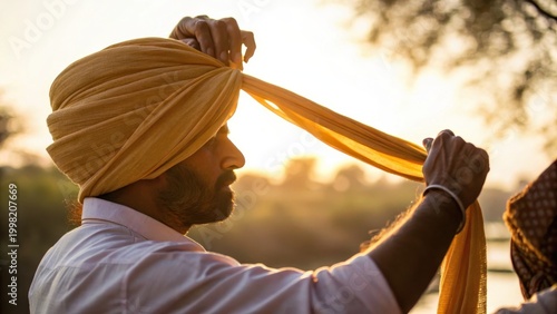 Man in india tying yellow turban during travel at sunset with calm nature background for yoga retreat experience