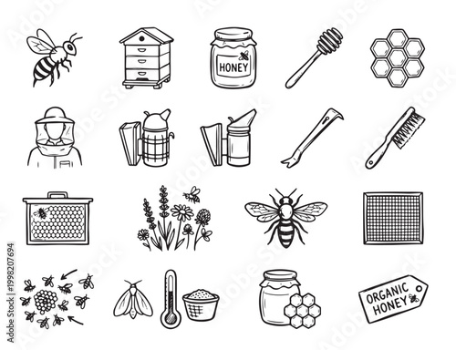 Beekeeping Doodle Icons Set – Hand Drawn Bees, Honey and Apiary Sketch Collection