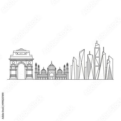 A minimalist line art illustration of the India Gate and modern city skyline in New Delhi, India, featuring iconic landmarks and sleek skyscrapers in a simple, flat design.
