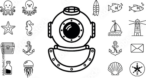 Collection of black and white line depicting marine life and nautical ocean