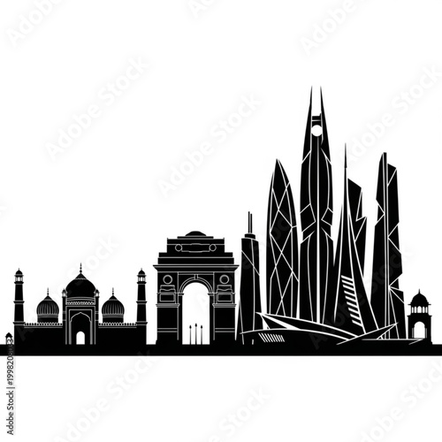 A black and white vector graphic illustration of the New Delhi skyline featuring iconic landmarks