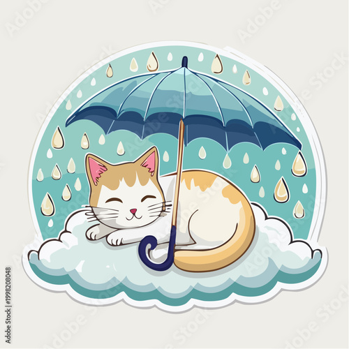 Cute cat sleeping under an umbrella on a cloud during rain