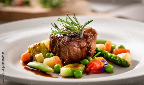 Gourmet dish with roasted beef and colorful mixed vegetables on plate