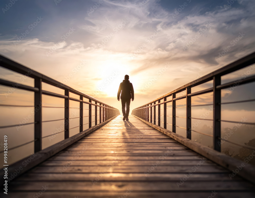 Fototapeta premium Man silhouette walking on bridge at sunrise