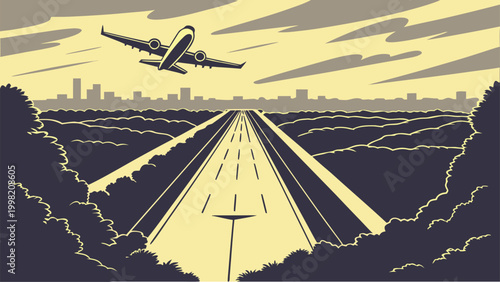 Set of Vintage Aviation Illustrations Featuring Airport Runways, Airplane Window Views, and Retro Travel Landscapes