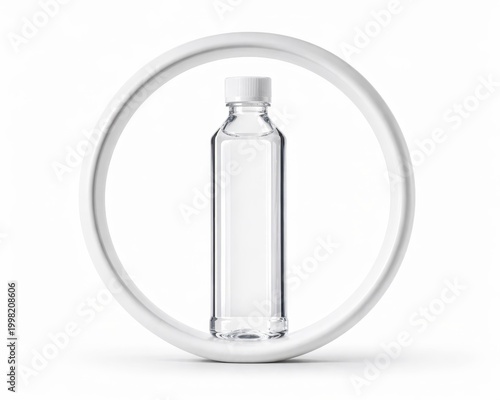 one tall bottled water with subtle square profile and crystal clear liquid standing inside a smooth circular white frame composition on white background contemporary wellness branding concept
