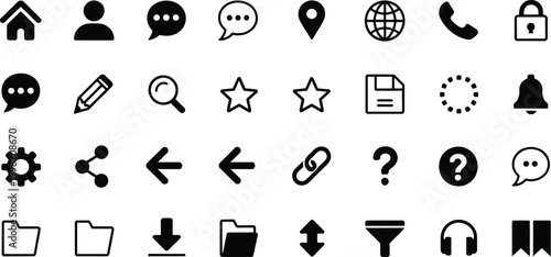 Website icon set vector featuring web, computer, and mobile app symbols. Modern flat illustration collection for UI design, digital platforms, software interfaces, and technology applications.