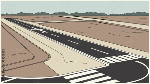 Set of Vintage Aviation Illustrations Featuring Airport Runways, Airplane Window Views, and Retro Travel Landscapes