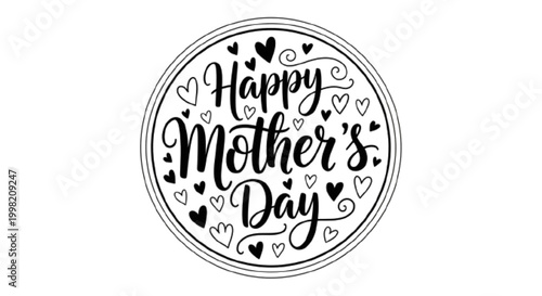 Mother’s Day badge with hand lettering and small hearts, monochrome vector