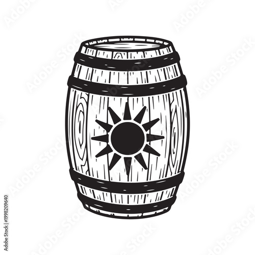 Wooden barrel with sun symbol illustration