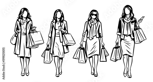 Illustrative concept of a group of fashionable women enjoying retail therapy, showcasing diverse styles and successful shopping sprees with numerous bags
