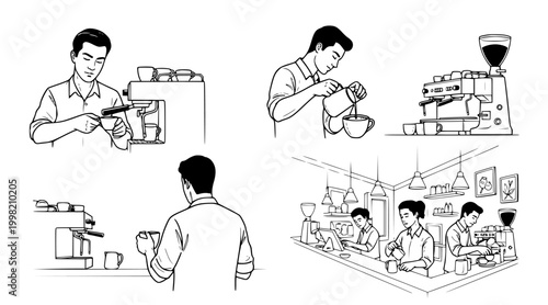 Barista illustrating the step-by-step process of making a perfect cup of coffee with a professional coffee machine, from grinding beans to frothing milk