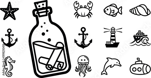 Collection of black and white marine life and nautical on white background, starfish message in, a bottle