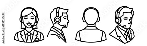 Collection of diverse customer support representatives in modern headset icons, depicting front, side, and back views for various business communication needs