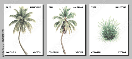 bundle coconut palm tree exotic set halftone vector pop coast art isolated island dotted collection tropical beach