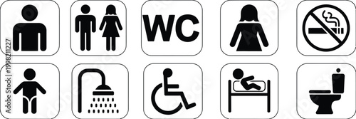 Assorted bathroom sign icon set indicating various facilities and restrictions. Modern vector pictograms for restrooms, accessibility, hygiene rules, and public facility signage design.