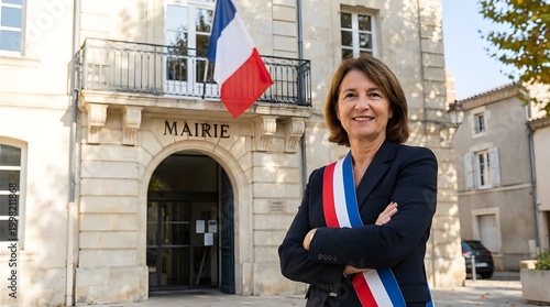 Smiling mature woman, a French elected official, confidently poses with her tricolor sash outside a historic Mairie building.