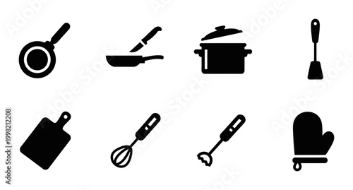 8 Kitchenware icons featuring frying pan, pot, whisk, and cutting board, outline solid styles, UI and web interface design