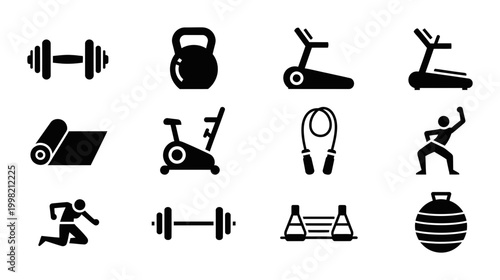12 Fitness icons including dumbbell, kettlebell, treadmill and yoga mat, outline solid styles, UI and web interface design