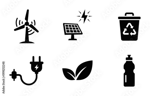 6 Ecology icons wind turbine solar panel recycle bin leaf plug, outline solid styles, UI and web interface design